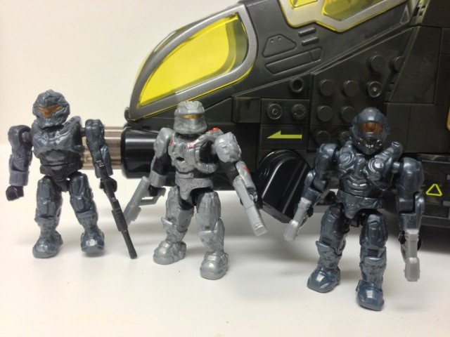 Halo 4 Majestic Squad Figures in front of Halo Mega Bloks Pelican Gunship